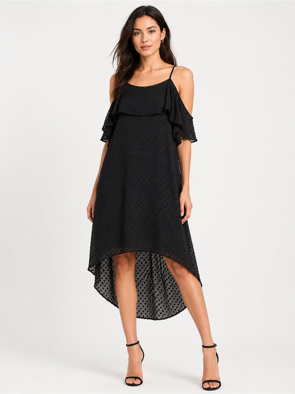 ECI NY Black Chiffon Swiss Dot Cold Shoulder Ruffle Dress M
